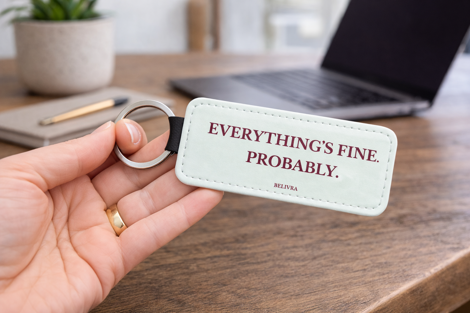 Hand holding a Belivra keychain with the text “Everything’s fine. Probably.” on a desk with a laptop and plant in the background.