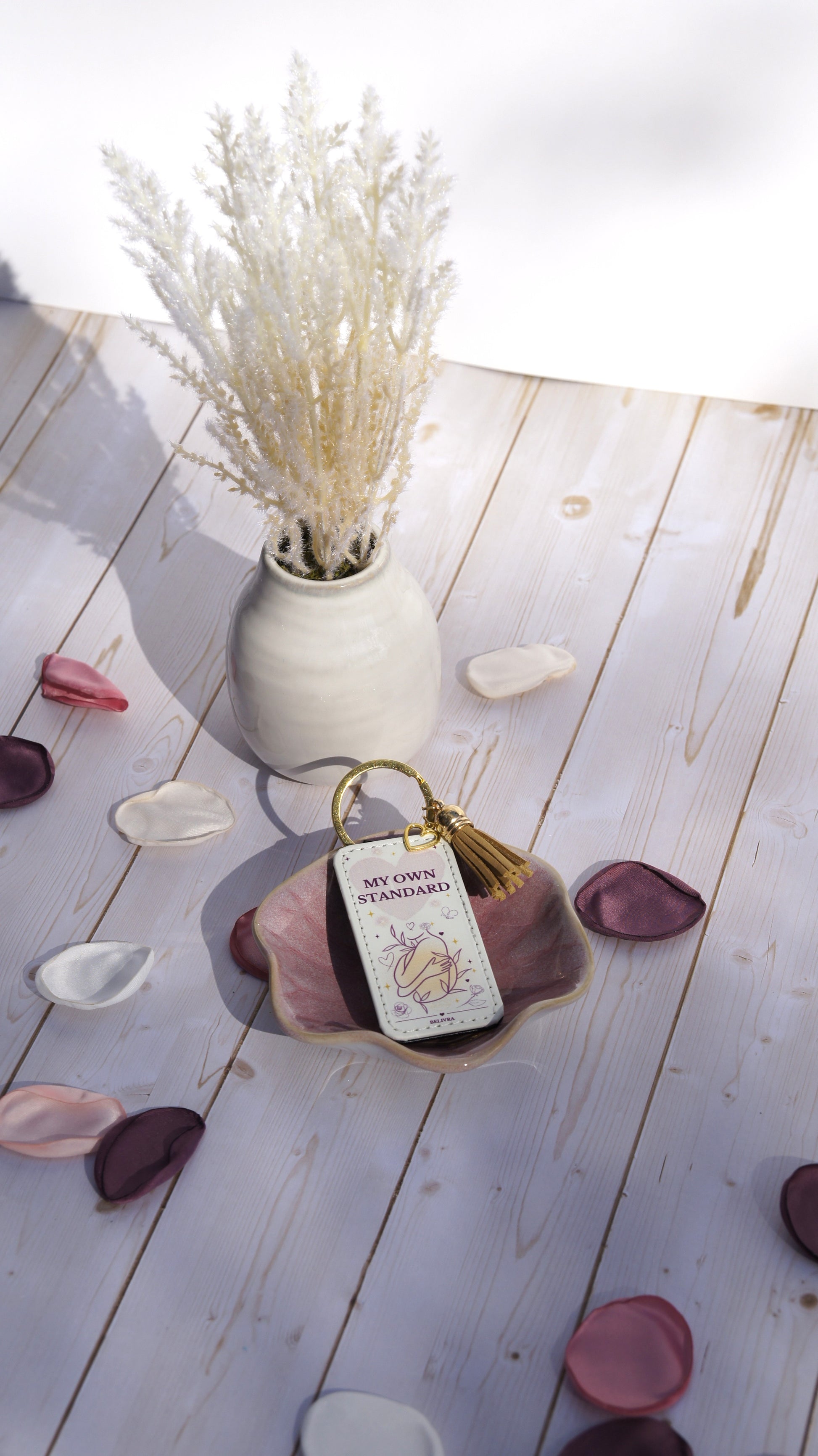 PU leather keychain with “My Own Standard” quote, gold hollow heart charm, and tassel, symbolizing self-love and confidence by Belivra.