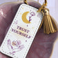 PU leather keychain with “Trust Yourself” quote, gold star charm, and tassel, symbolizing trust and confidence by Belivra.