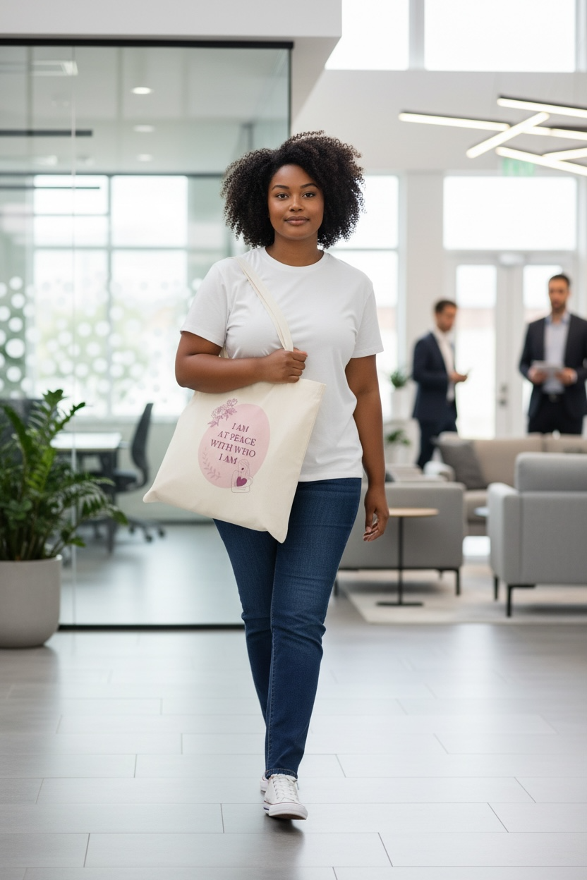 Cream tote bag with the quote “I Am at Peace with Who I Am” in soft plum and blush tones, featuring floral and feminine line art symbolizing mindfulness and self-love.