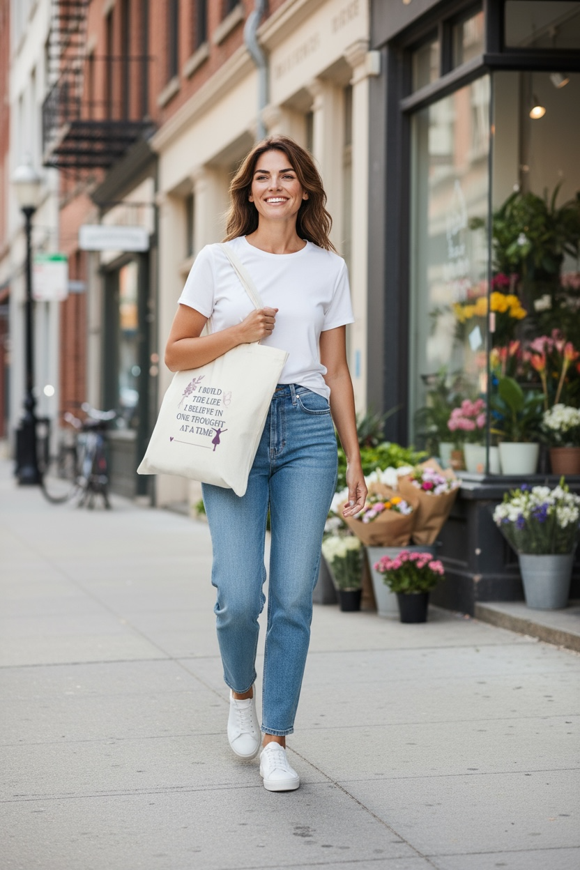 Cream-colored tote bag with the quote “I Build the Life I Believe In, One Thought at a Time” in teal and plum text, symbolizing mindfulness and intentional living.