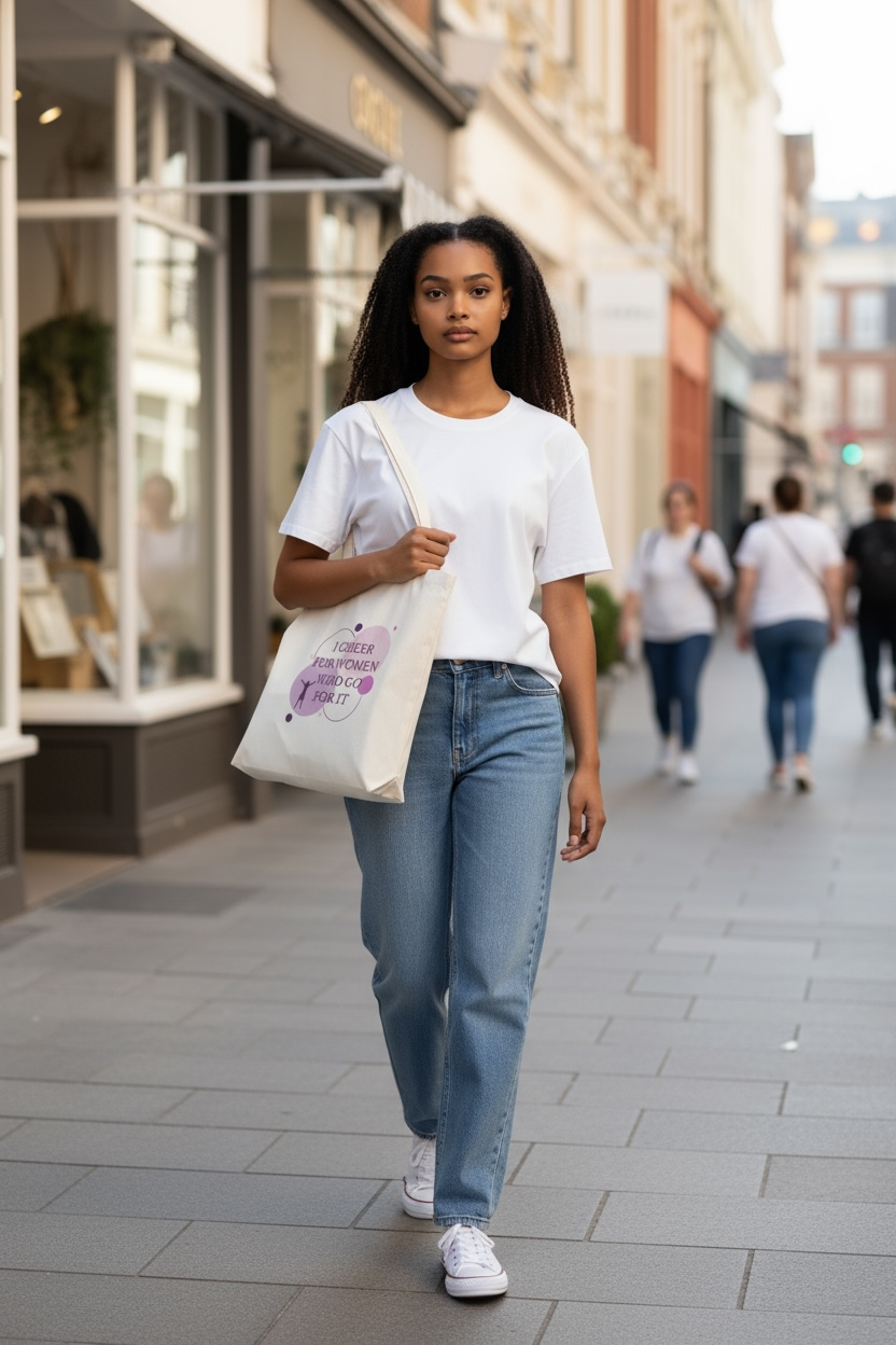 Cream polyester tote bag with “I Cheer for Women Who Go For It” quote in purple, symbolizing sisterhood and empowerment by Belivra.