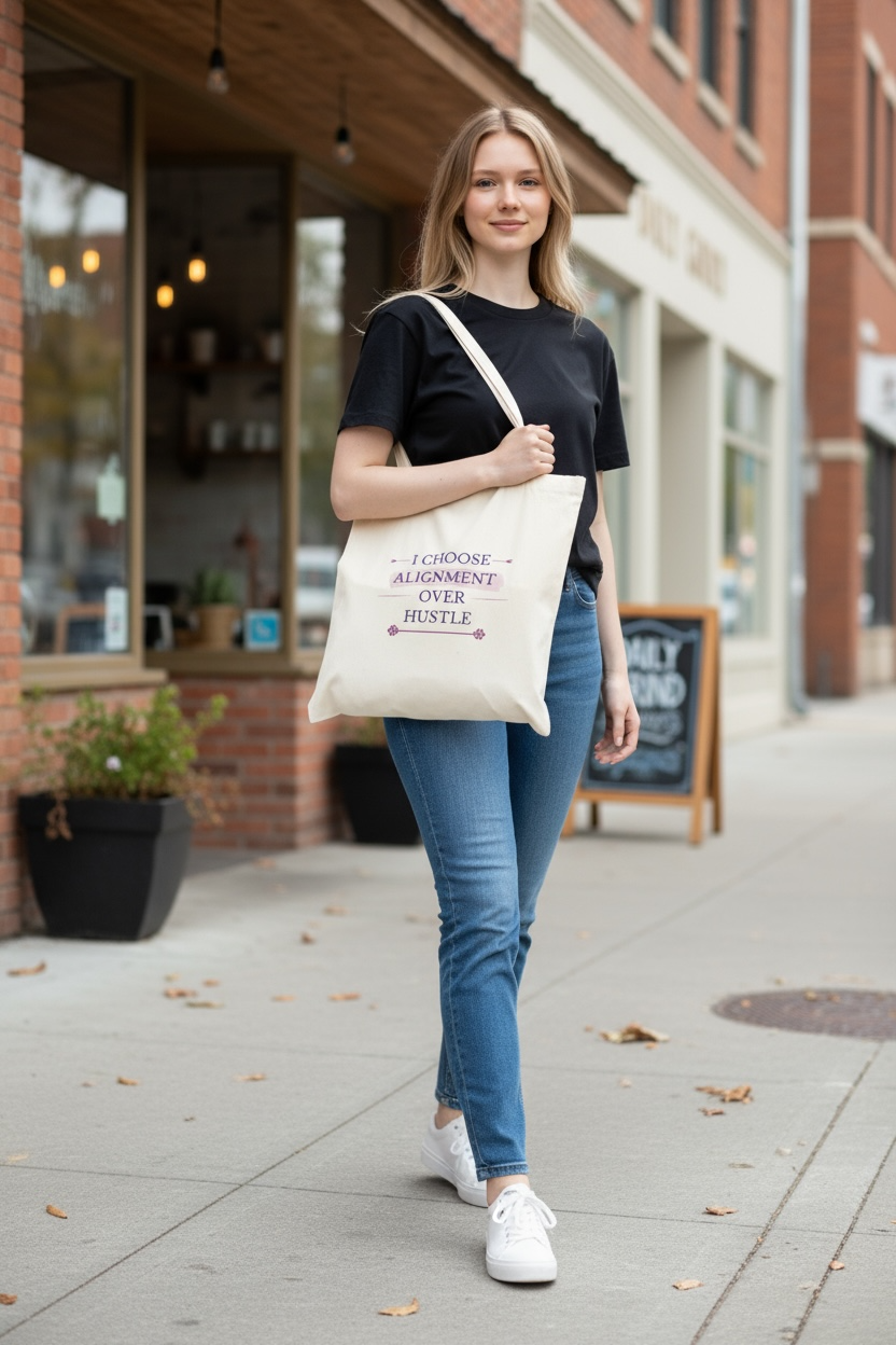 Eco-friendly cream tote bag with the quote “I Choose Alignment Over Hustle” printed in rose and plum text, symbolizing balance and mindful living.