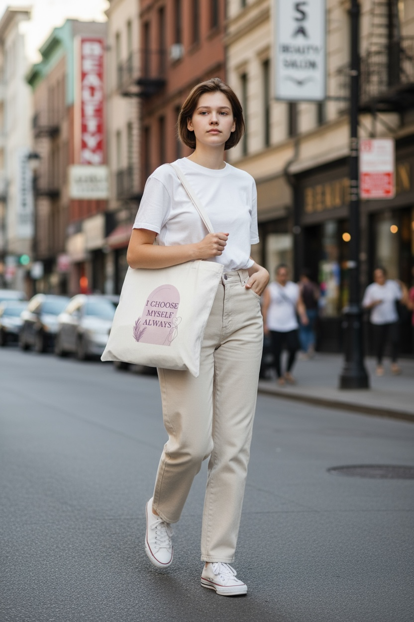 Cream tote bag with the quote “I Choose Myself Always” in soft plum and blush tones, featuring feminine line art symbolizing self-love and empowerment.