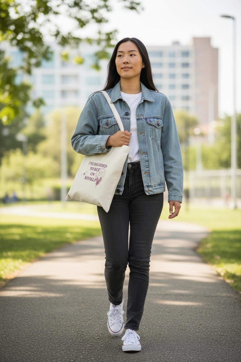 Cream tote bag with the quote “I’ve Decided to Bet on Myself” in plum lettering, featuring a minimalist lioness and botanical design representing courage and self-belief.