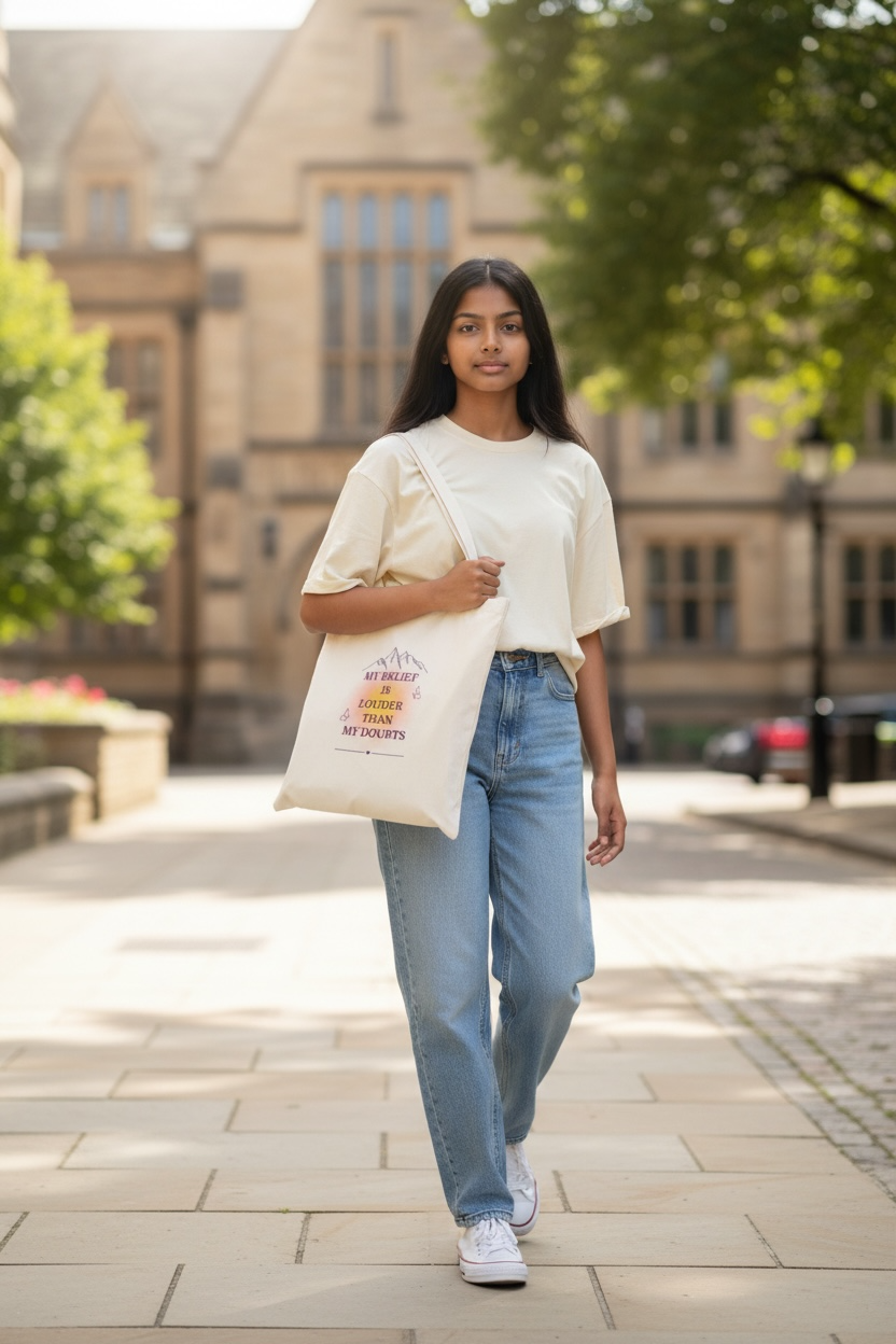 Cream tote bag with the quote “My Belief Is Louder Than My Doubts” in plum and gold text, featuring minimalist mountain and butterfly design symbolizing confidence and growth.