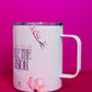 Side view of Belivra ceramic mug with the phrase "Sip the Dream, Live the Vision" in purple and pink text, complemented by soft cherry blossom details. The mug is displayed with a spill-resistant lid, making it perfect for enjoying coffee, tea, or other beverages while staying inspired throughout the day. Ideal for empowering moments, positive affirmations, and mindful sipping.
