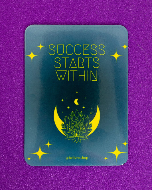 Belivra motivational magnet with quote "Success Starts Within" in neon yellow on a deep blue background – features moon, lotus, and star illustrations, displayed on a sparkly purple surface. Perfect for fridge decor, whiteboards, or daily mindset reminders for women entrepreneurs and goal-driven creatives.