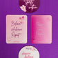 Set of 4 Belivra pink inspirational magnets displayed on a sparkly purple background – includes motivational quotes like "Believe Achieve Repeat," "Progress over Perfection," "Magic Starts Within," and "Dream Believe Achieve." Feminine aesthetic with floral and butterfly designs, perfect for fridge decor, vision boards, and empowering office or home spaces.