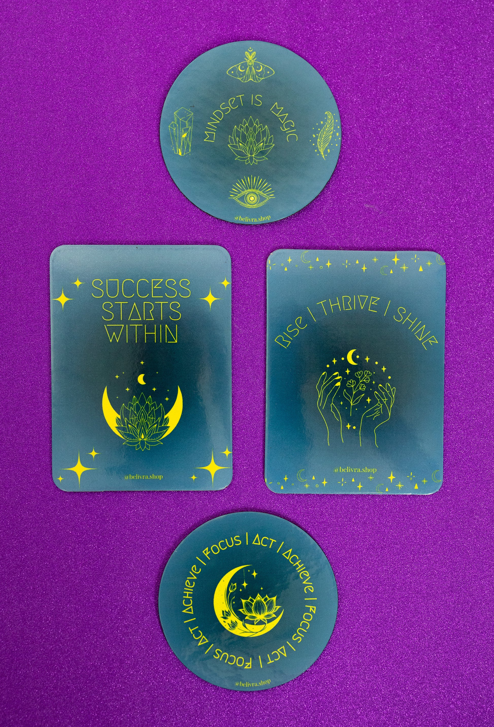Belivra inspirational magnets displayed on a vibrant purple background – featuring uplifting quotes like "Success Starts Within" and "Mindset Is Magic" in bold yellow and blue designs. Perfect for fridge decor, office whiteboards, and daily motivation for women, entrepreneurs, and goal-setters