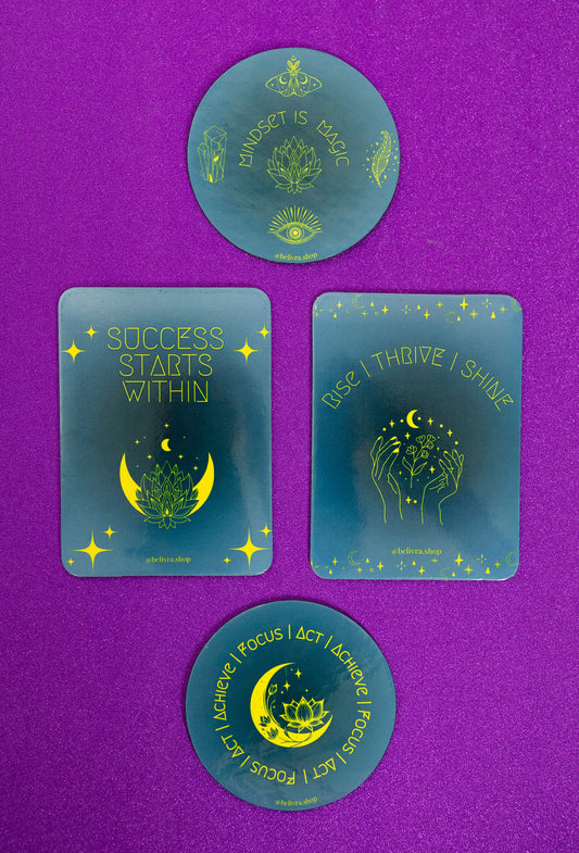 Belivra inspirational magnets displayed on a vibrant purple background – featuring uplifting quotes like "Success Starts Within" and "Mindset Is Magic" in bold yellow and blue designs. Perfect for fridge decor, office whiteboards, and daily motivation for women, entrepreneurs, and goal-setters