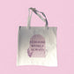 Cream tote bag with the quote “I Choose Myself Always” in soft plum and blush tones, featuring feminine line art symbolizing self-love and empowerment.