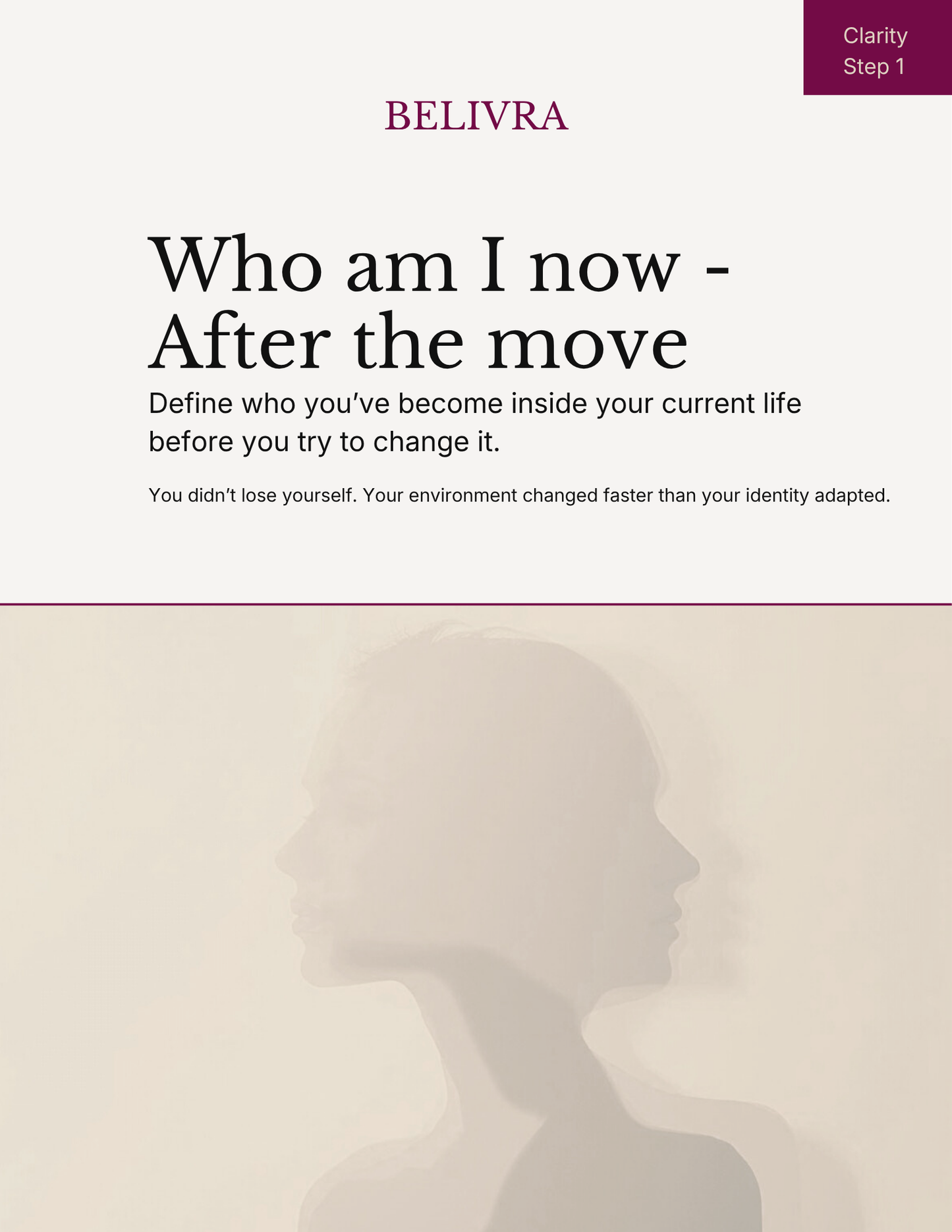 Who am I now after the move workbook cover, clarity tool for expat and relocated women in the USA