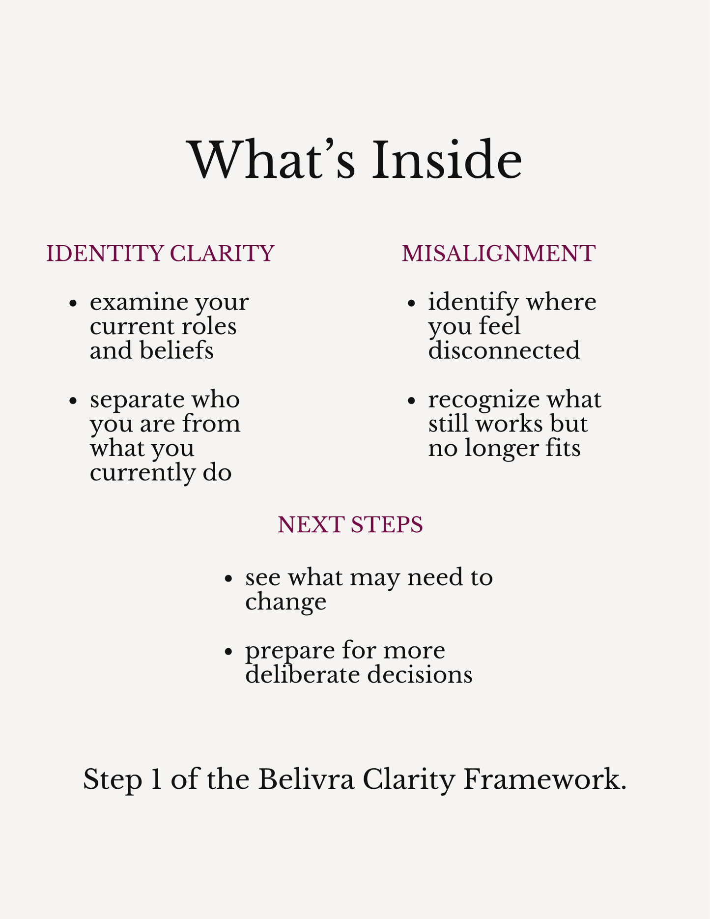 Clarity workbook overview showing identity clarity, misalignment, and next steps for women after relocation
