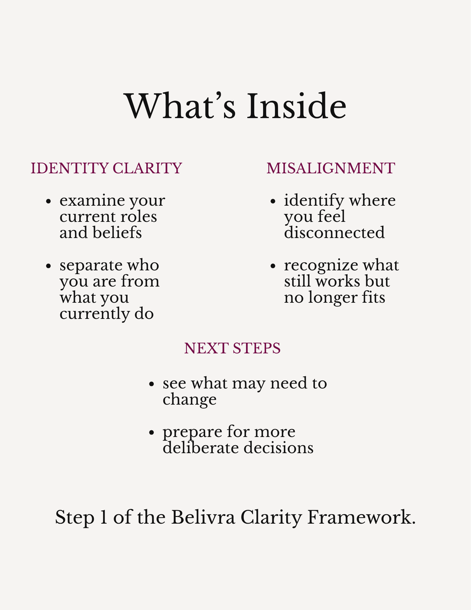Clarity workbook overview showing identity clarity, misalignment, and next steps for women after relocation