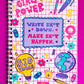 Belivra spiral notebook with bold, colorful doodle design and empowering quote "Write Sht Down. Make Sht Happen." – features phrases like "Girl Power" and "Big Ideas" alongside fun graphics like a globe, crown, lightbulb, and dollar sign. Displayed on a glittery pink background, perfect for goal-getters, students, entrepreneurs, and creatives who love vibrant, motivational stationery.