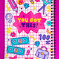 Back of Belivra spiral notebook featuring the motivational phrase "You Got This!" in bold lettering on a pink starburst – surrounded by playful doodles like scissors, money, a briefcase, diamonds, and female empowerment symbols. Displayed on a glittery pink background, this vibrant notebook is perfect for goal setting, journaling, or creative planning for ambitious women and students.
