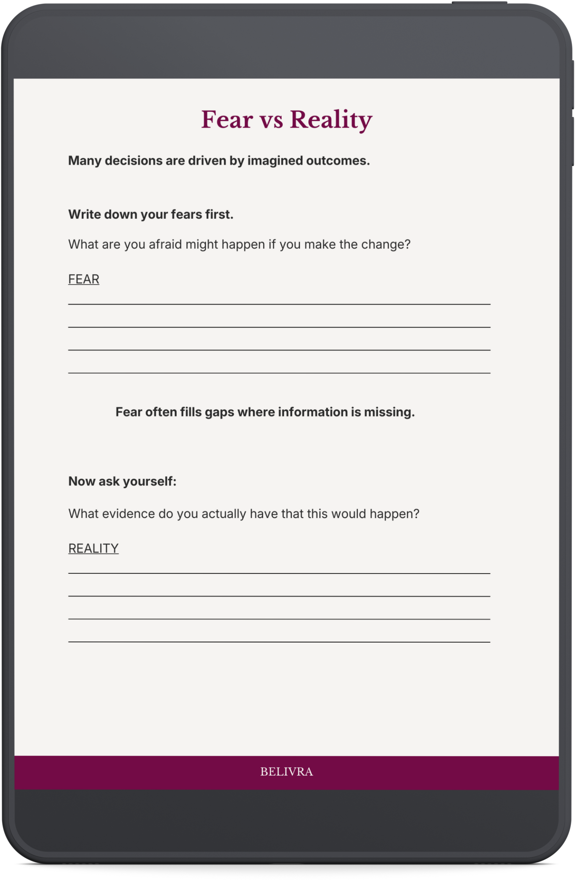 Fear vs reality exercise from The Hard Decision Reset workbook helping women separate imagined fears from real evidence when making a decision.
